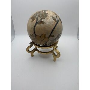 Vintage Ceramic Floral Orb with Ornate Brass Tripod Stand Decorative Sphere